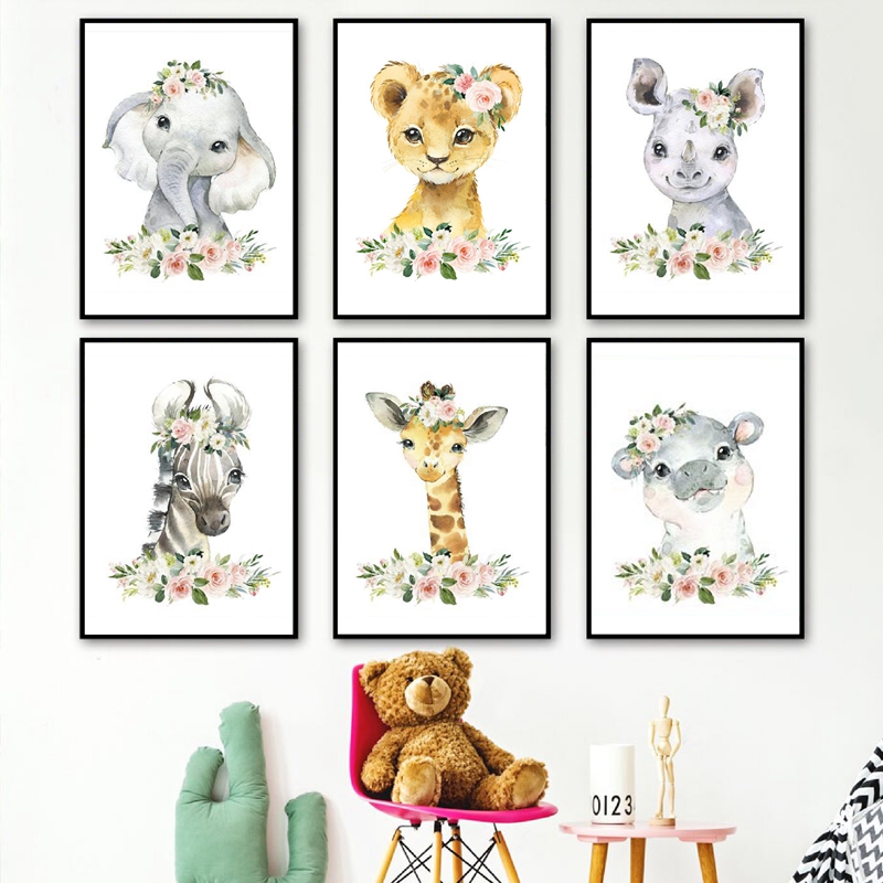 Baby Nursery Decor Girl - Bloemen Jungle Dieren Canvas Prints Kinderkamer