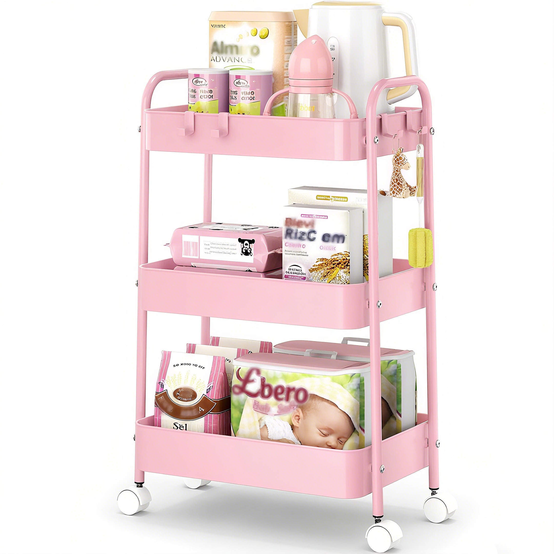 Baby Nursery Trolley - 3-laags metalen rolwagen met wielen, moderne