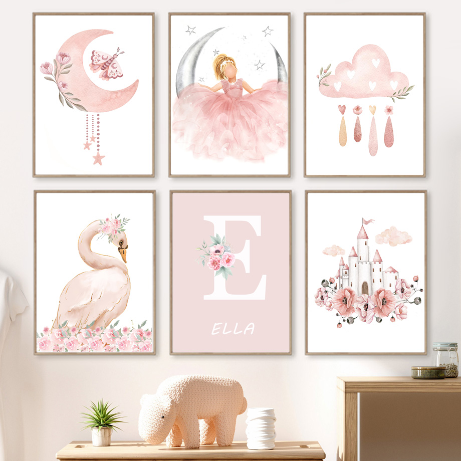Baby Nursery Decor Girl - Roze Engel Meisje Zon Maan Wolk