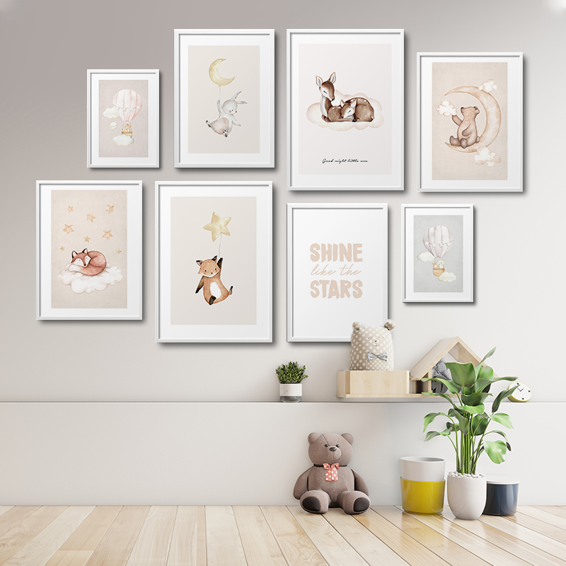 Baby Nursery Hot Air Balloon - Beer Vos Bunny Heteluchtballon Sterren Muurkunst