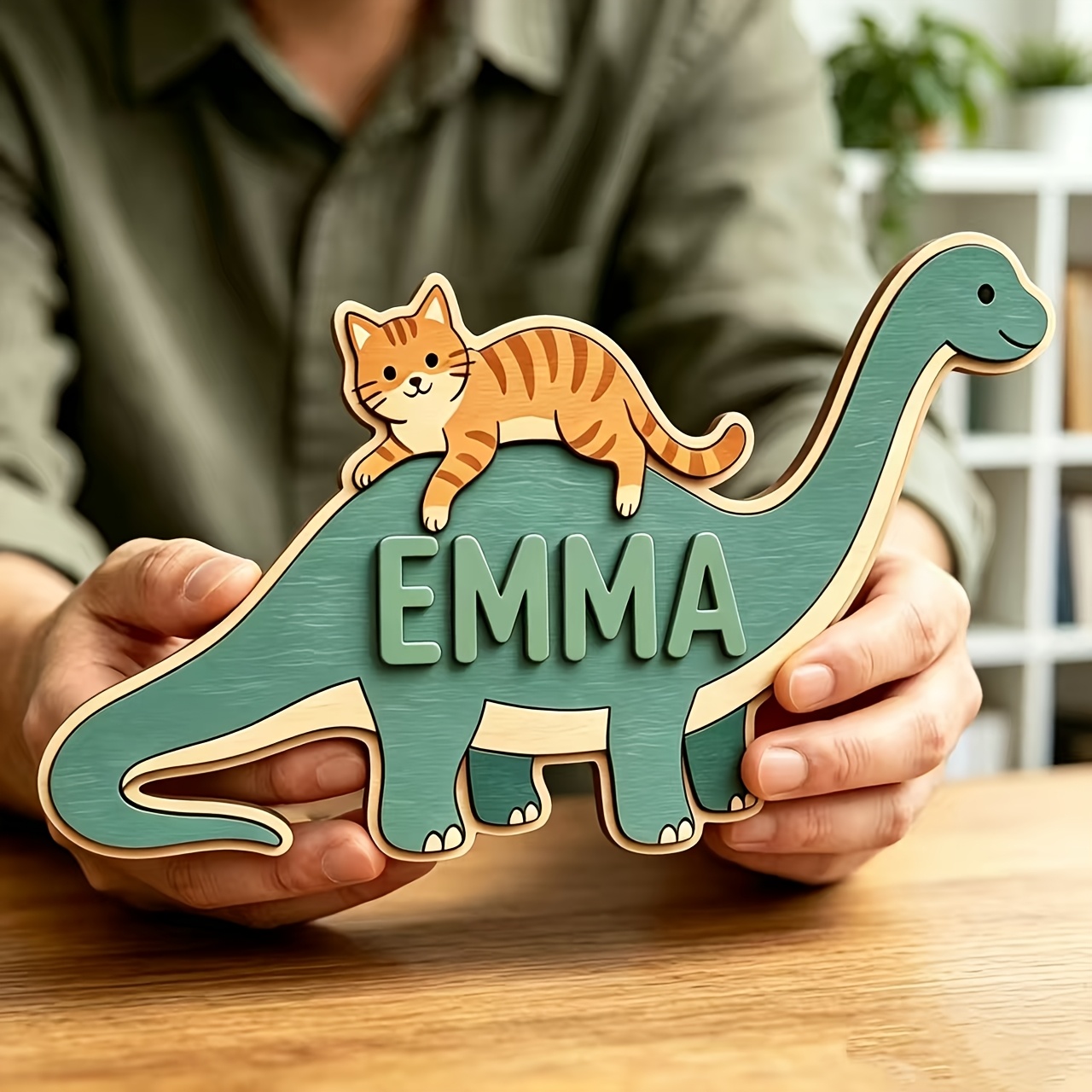 Baby Nursery Baby - Gepersonaliseerde kattenrijdende dinosaurus naamkamerbord, aanpasbare schattige