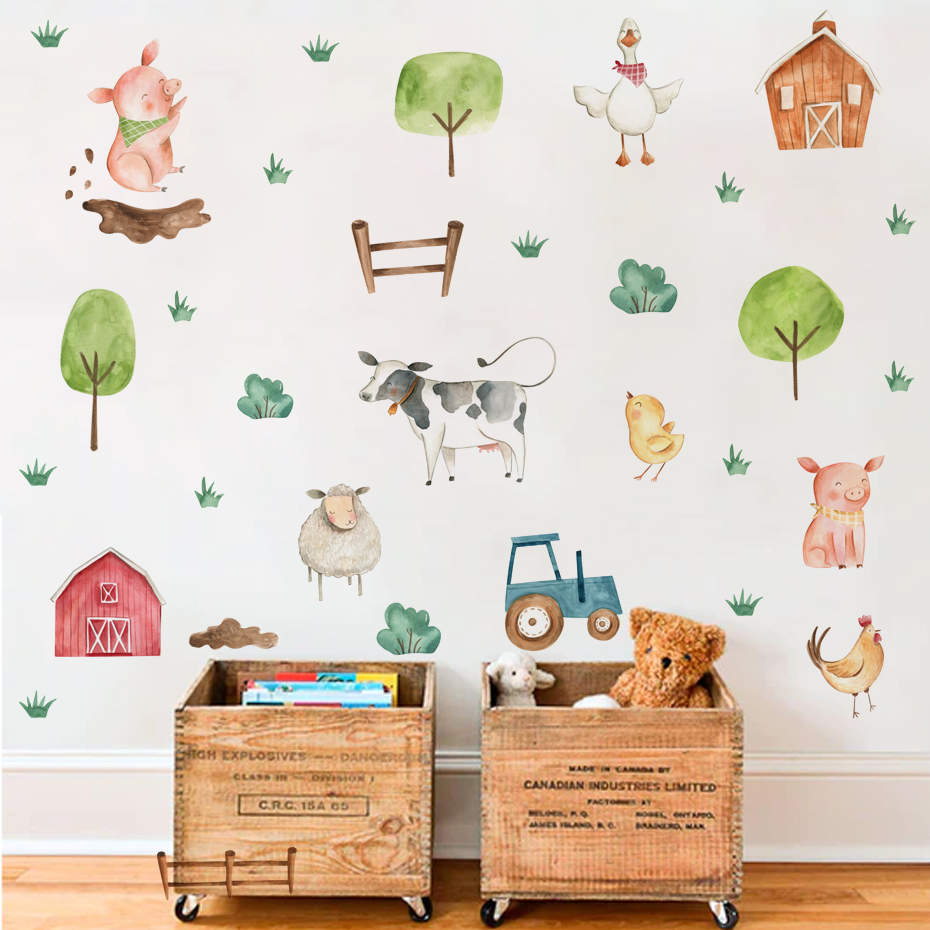 Baby Nursery Package - Boho Aquarel Schattige Boerderijdieren Varkensvee Muurstickers