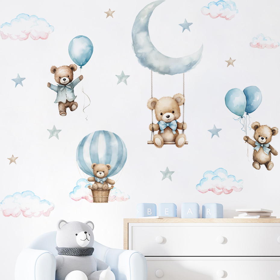 Baby Nursery Hot Air Balloon - Aquarel beer heteluchtballon wolk muurstickers blauwe