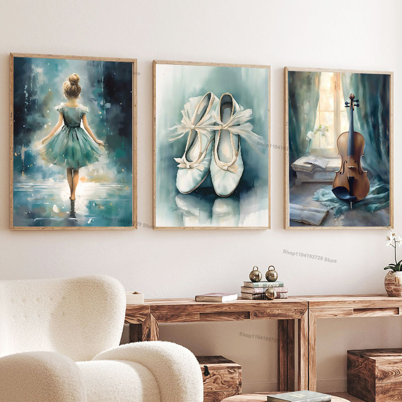 Baby Nursery Decor Girl - Aquarel Ballet Meisje Schoenen Cello Kinderkamer