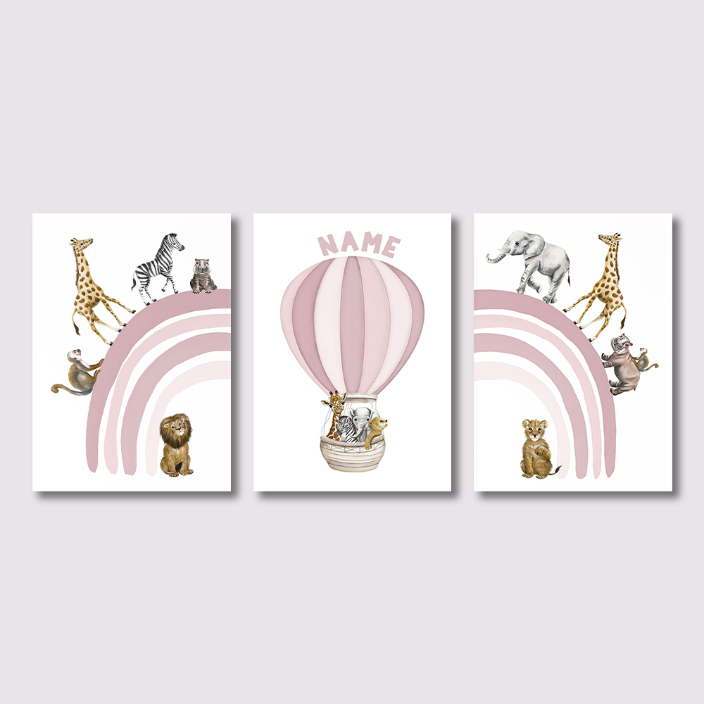 Baby Nursery Hot Air Balloon - 3-delige Safari Dieren Kinderkamer Canvas Print,