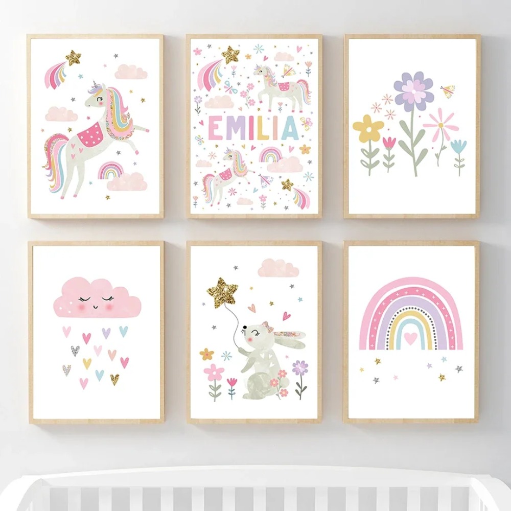Baby Nursery Decor Girl - Roze Eenhoorn Konijn Regenboog Wolk Bloem