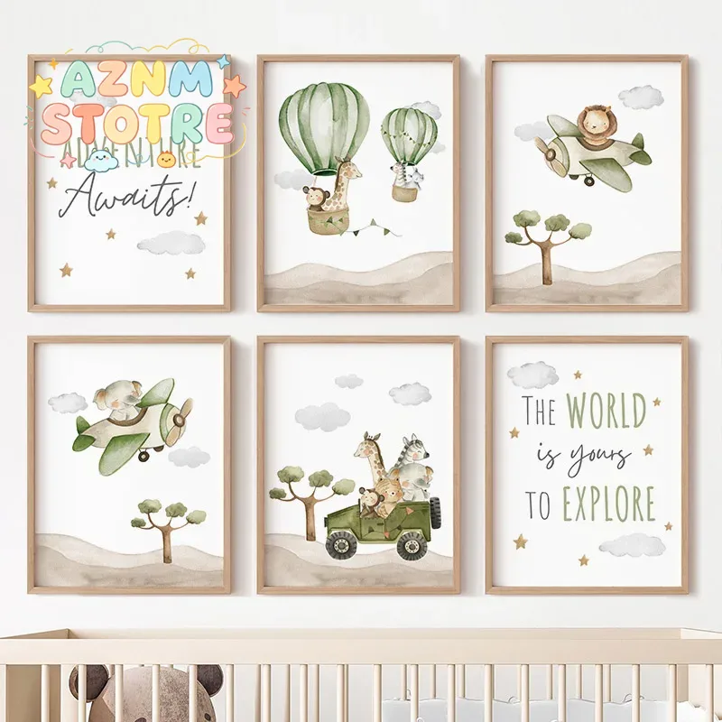 Baby Nursery Hot Air Balloon - Heteluchtballon Dieren Posters Canvas Schilderij Olifant