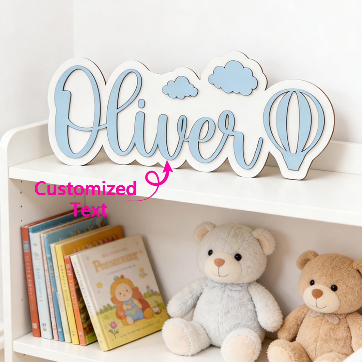Baby Nursery Baby - Gepersonaliseerde warmeluchtballon & wolk naamkamerbord, aanpasbaar